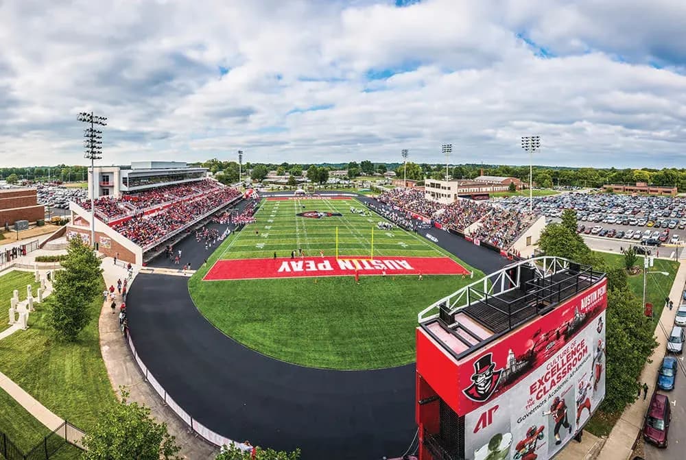 Austin Peay football field and filled stadium stands viewed from above
