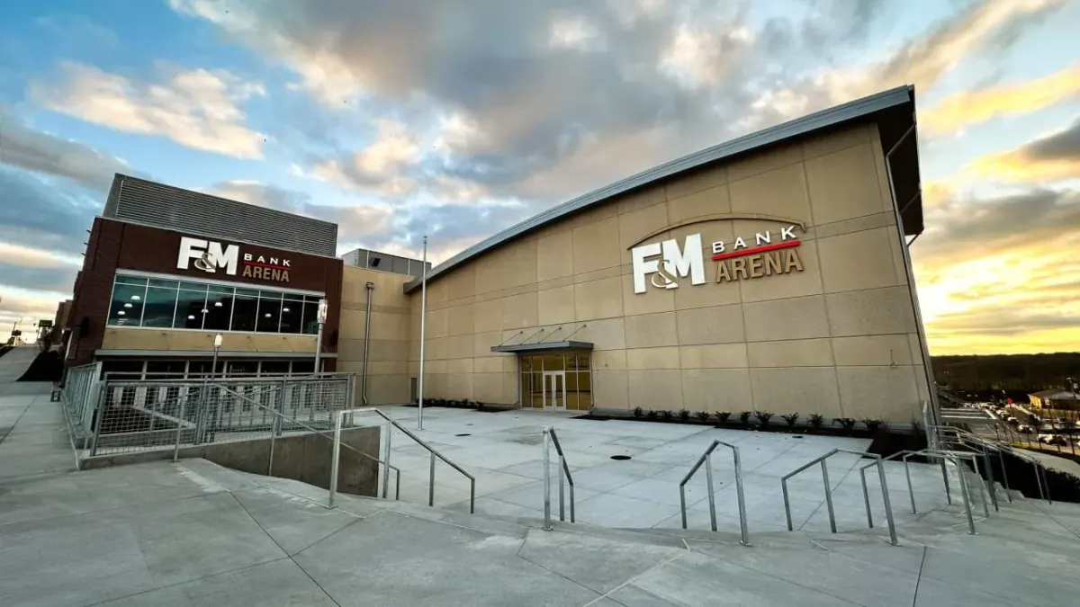 F&M Bank Arena exterior and entrance plaza in downtown Clarksville