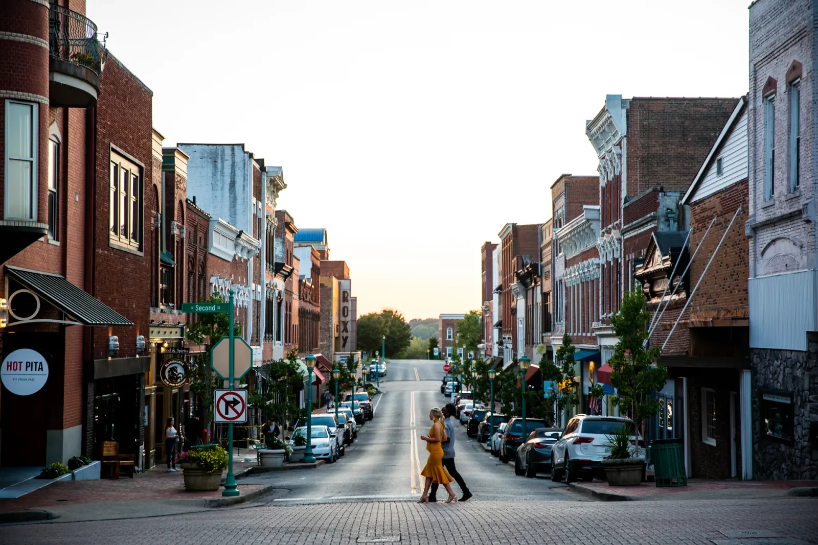 Historic brick storefronts and the Roxy sign on Franklin Street in downtown Clarksville