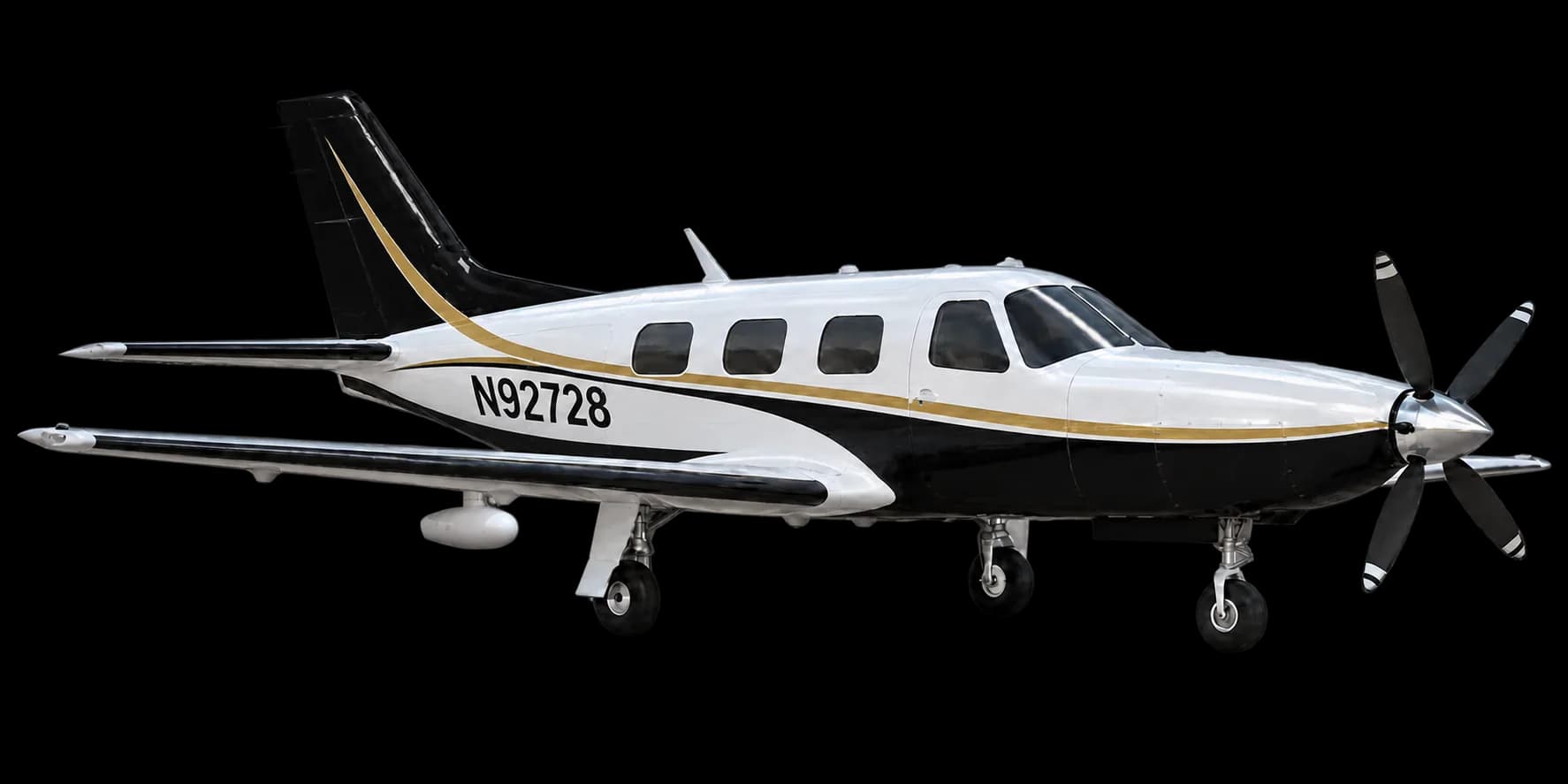 N92728 Piper Malibu Mirage concept in white, black and gold paint with an underwing radar pod