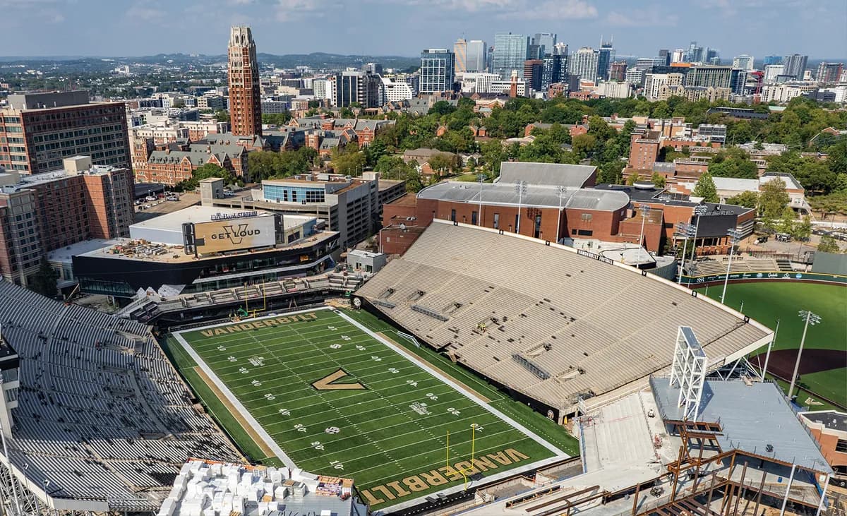 Vanderbilt football stadium and campus with downtown Nashville beyond