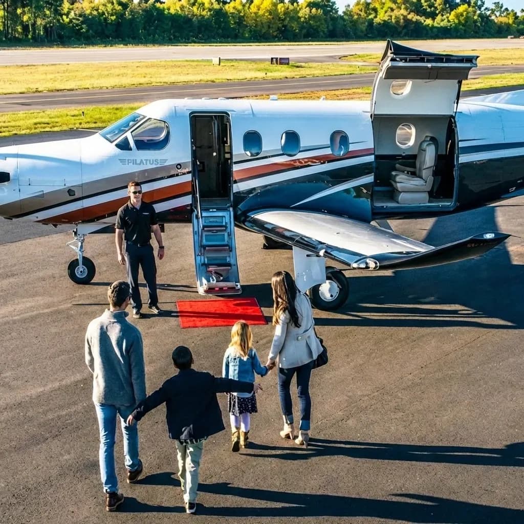 A family approaching a Pilatus on the ramp, welcomed by their pilot beside the open boarding door
