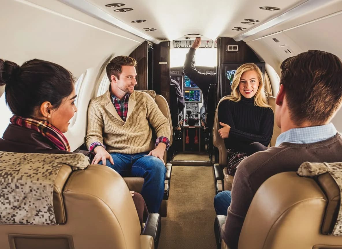 Passengers in a private aircraft cabin